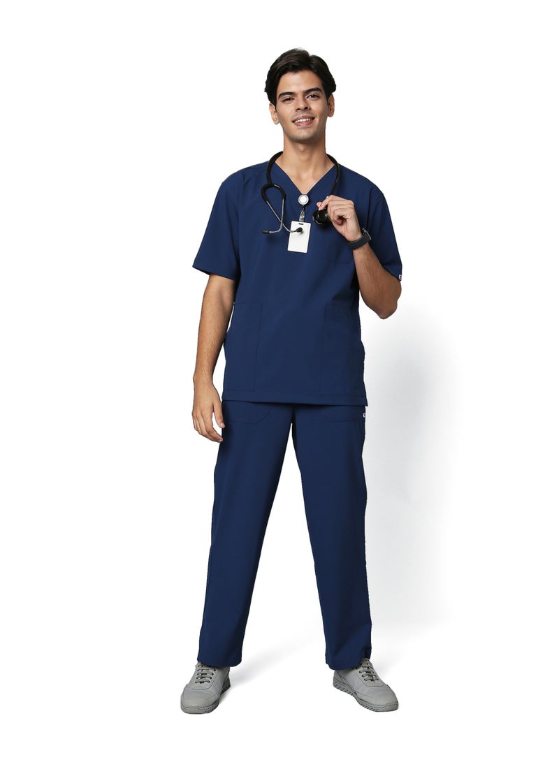KNYA Ecoflex Men's 5 Pocket Active Scrub Suit | Athleisure wear | Modern V neck | For Doctors (L, NAVY BLUE) - Image 1